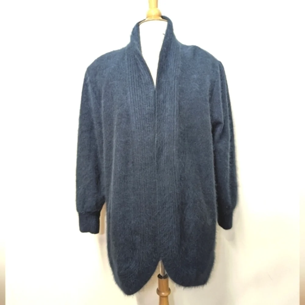 Vintage Oversized Open Front Cardigan Sweater Coat Blue Angora M Mohair 90s